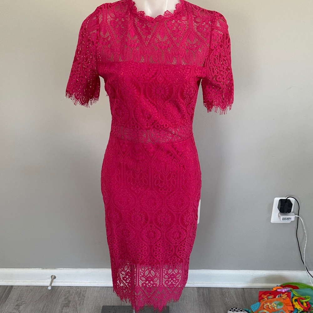 Elegant Lace Dress by Lulus in Vibrant Pink